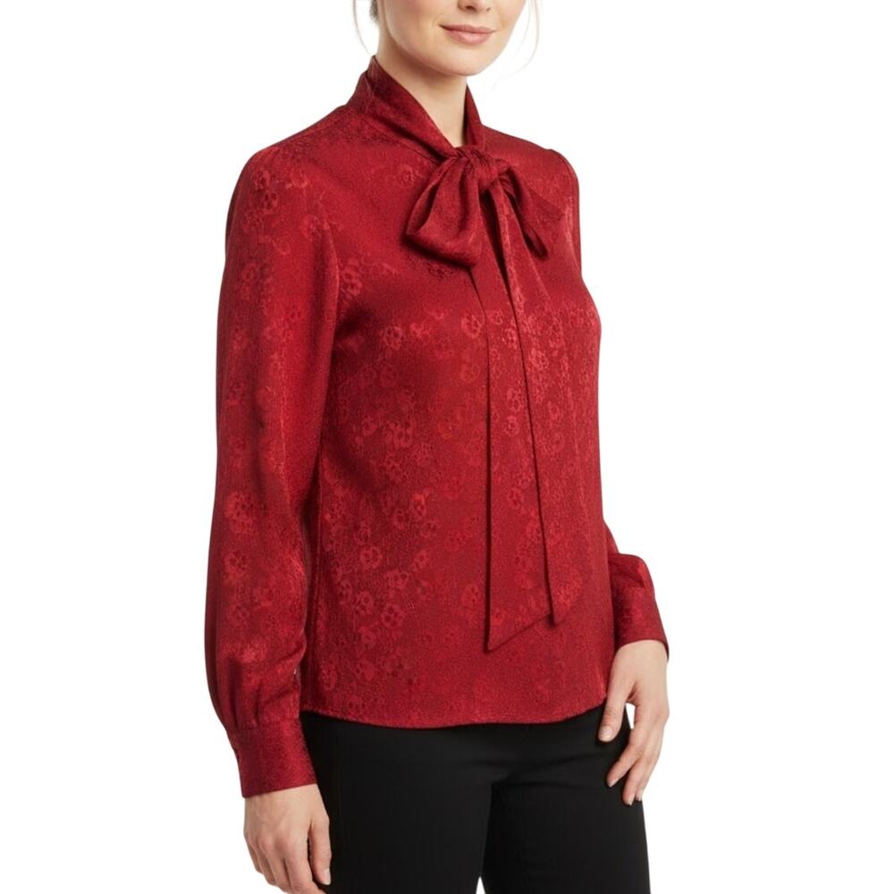 Breckenridge 1980s Vintage Red Floral PussyBow Neck Tie Button Down Blouse 8